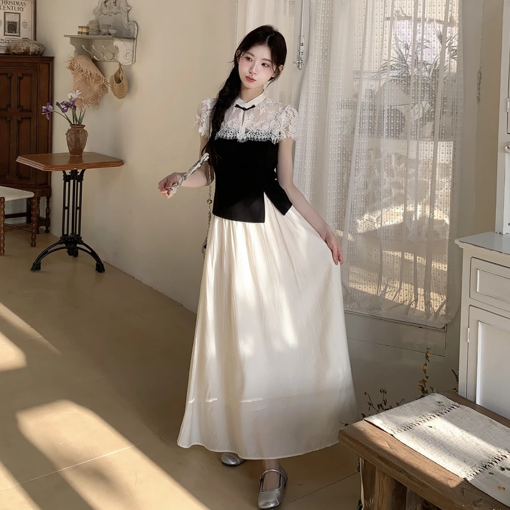 高级感时尚套装女夏季新款新中式蕾丝拼接气质上衣+A字裙两件套潮