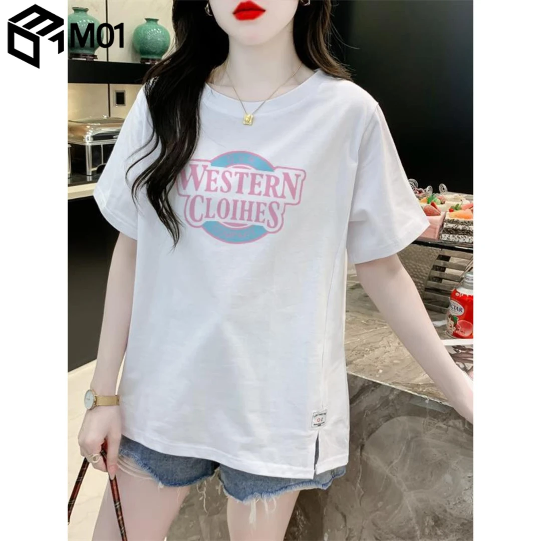 M01大码印花正肩短袖t恤女夏季新款宽松显瘦遮肚子遮肉纯棉上衣