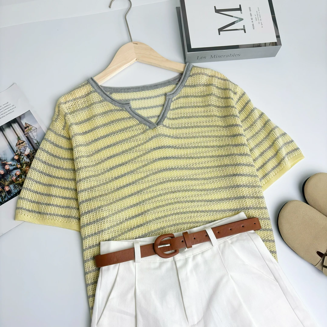 新新定制-剪刀领撞色条纹薄款微透休闲宽松针织短袖82623