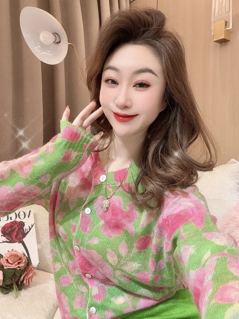 DC【视丹如绿】高级气质显瘦法式宽松印花上衣开衫