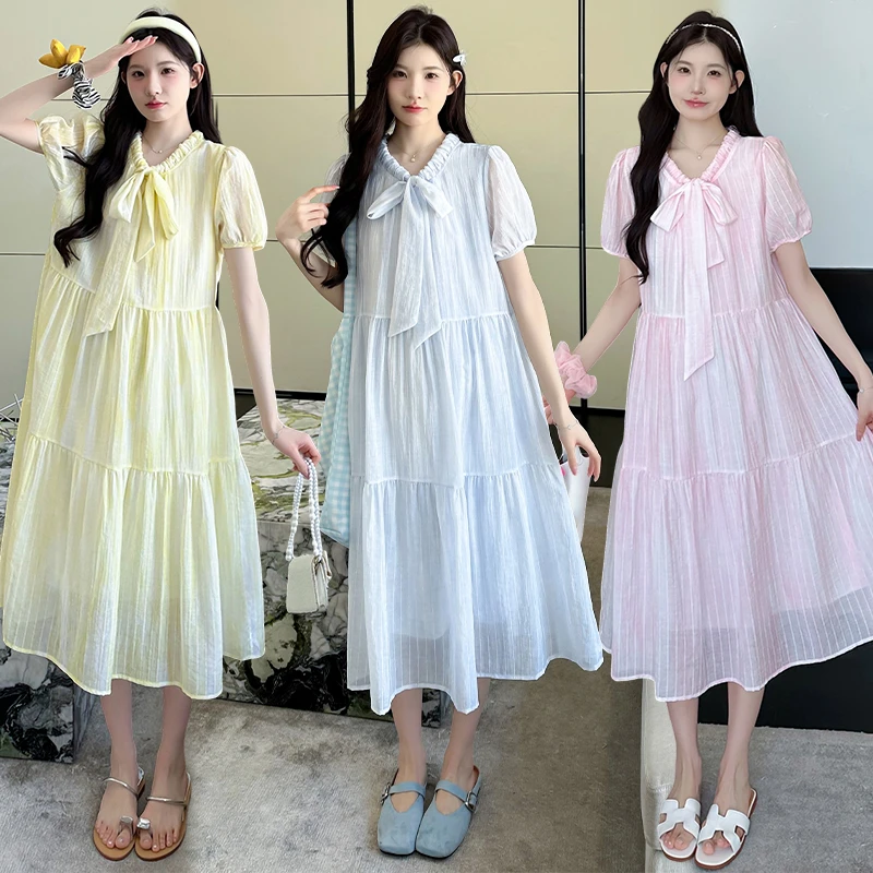 2025孕妇装夏装新款竖条纹T恤裙领子可以调节孕妇连衣裙中长款