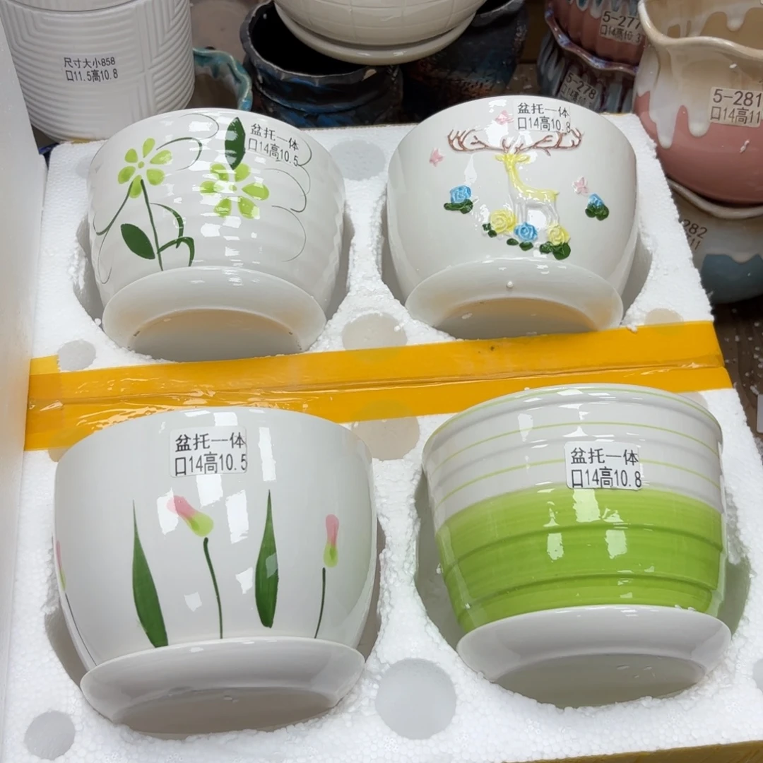 @夏西陶瓷花盆@@四个手绘