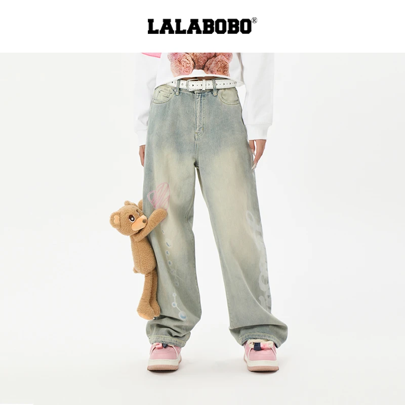 金源LALABOBO新款小熊复古休闲宽松显瘦牛仔长裤RBEA-ZC17