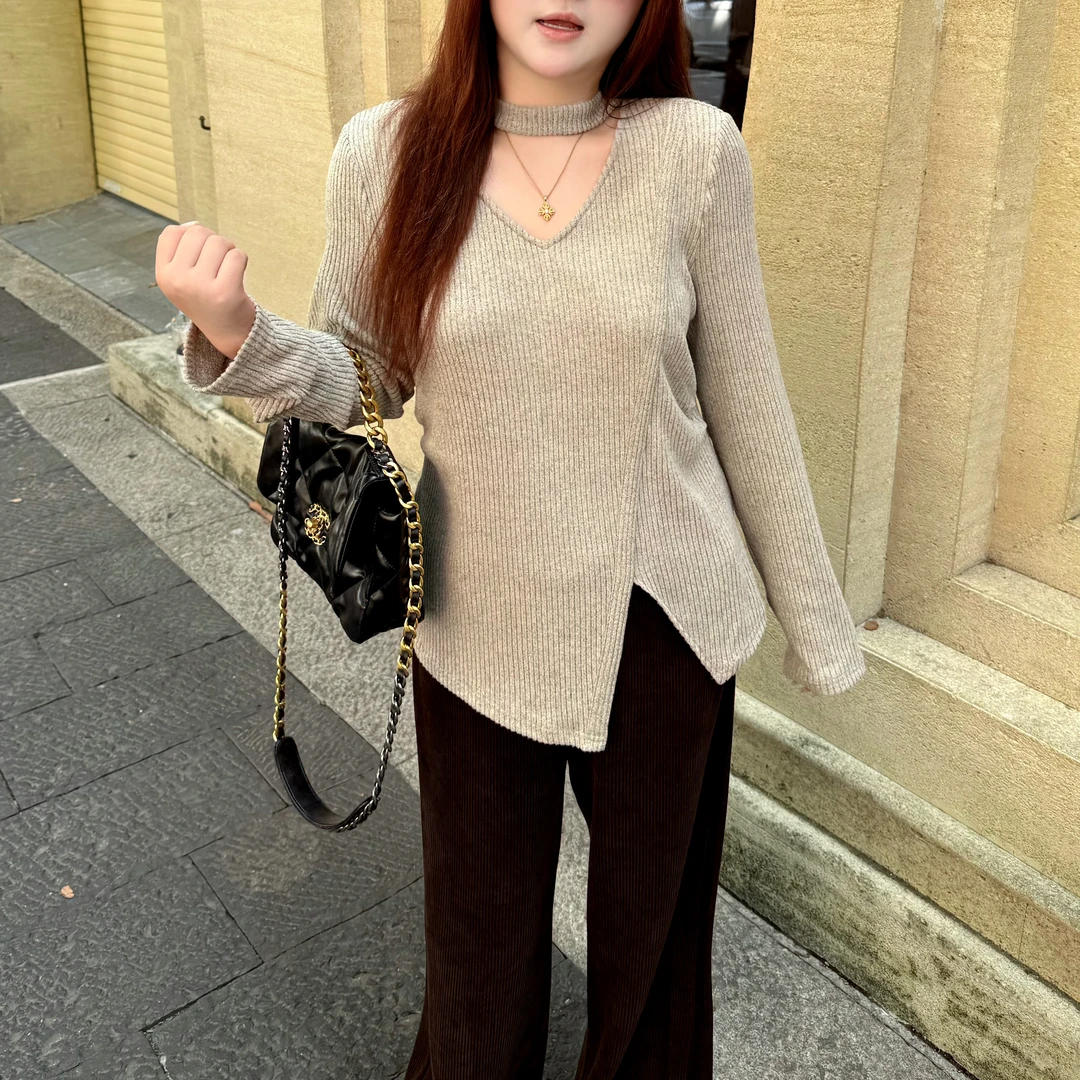 维维&南岛风大码女装设计微胖mm秋季气质挂脖打底针织小衫ZWW999