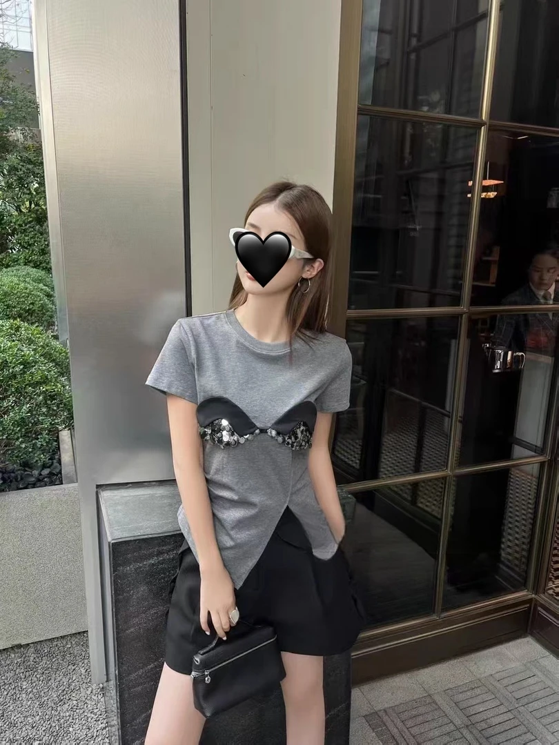1163钉珠系列圆领套头正肩短袖T恤夏季小众设计感侧开叉露腰上衣