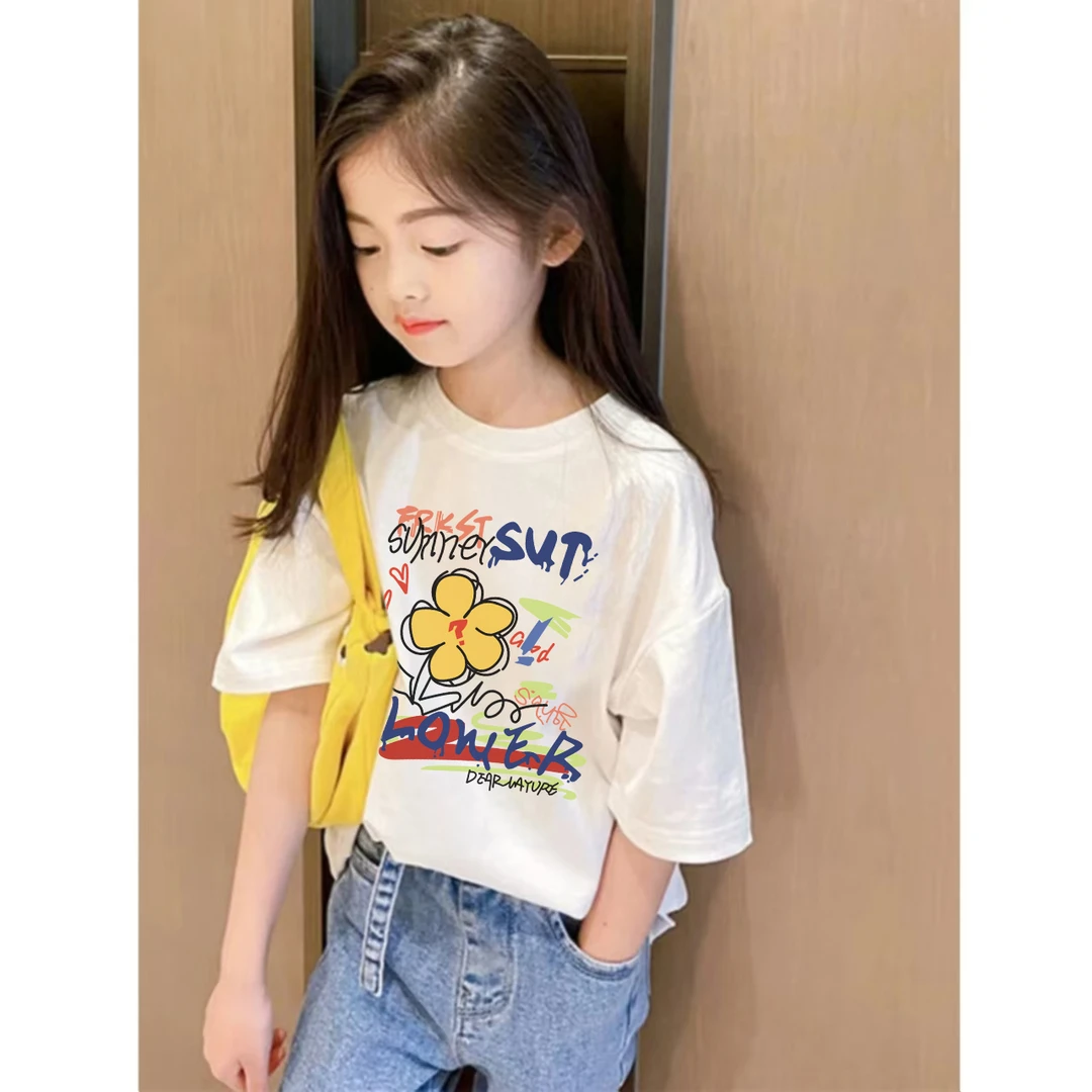 女童打底衫2025新款夏季儿童短袖T恤100%纯棉女孩时尚洋气上衣潮
