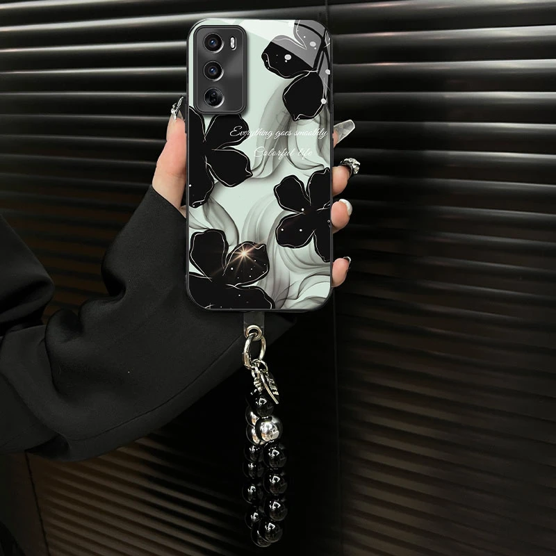 适用【opporeno12pro】钛灰电镀玻璃壳水墨花ins风网红创意手机壳女