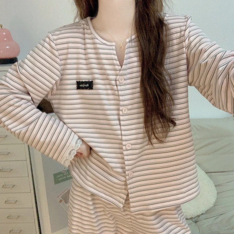 【秋冬德绒】加厚睡衣女2025新款韩系简约风条纹长袖长裤家居服套装