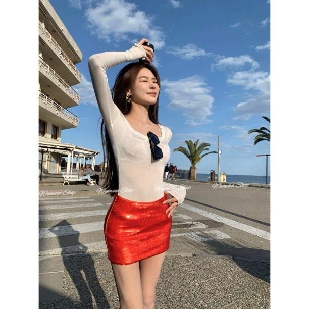【人鱼缪斯】亮片橘红色辣妹度假包臀半身裙