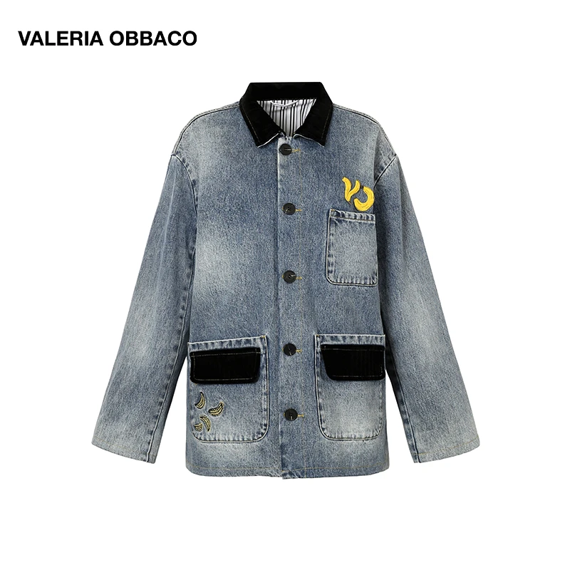 VALERIAOBBACO/瓦莱丽娅 奥贝科复古拼接香蕉牛仔翻边外套