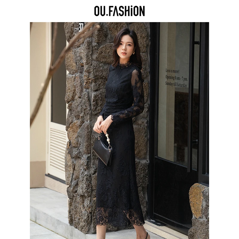 OU.FASHION/欧点时尚秋季领连衣裙蕾丝优雅复古1122440048