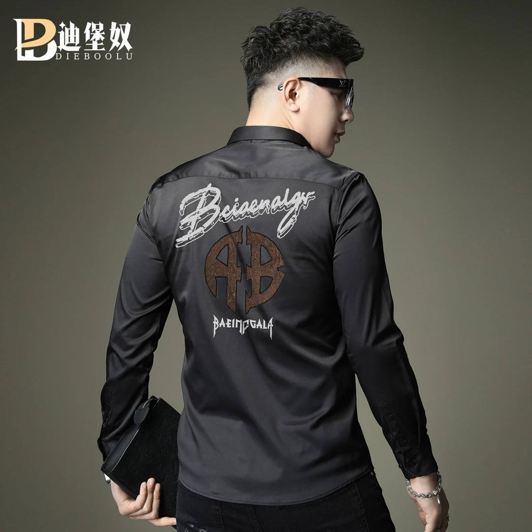 欧货2025新款夏季休闲时尚字母印花高端长袖衬衫男潮牌修身衬衣男