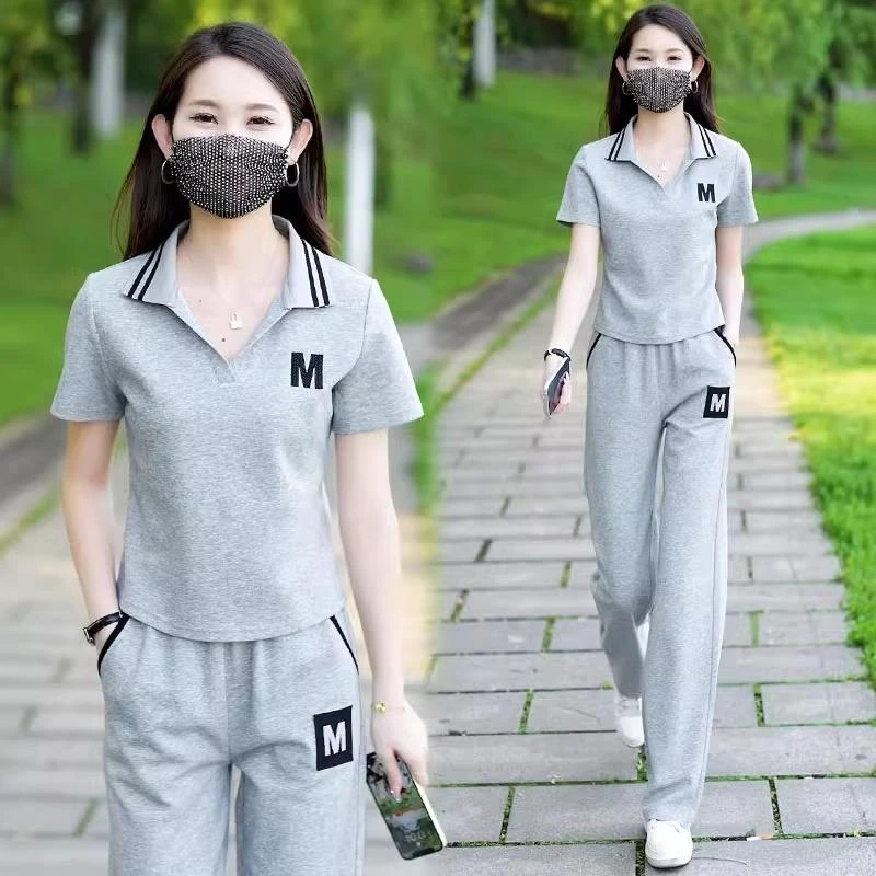 休闲运动服套装女2025年夏季新款时尚小个子减龄短袖阔腿裤两件套