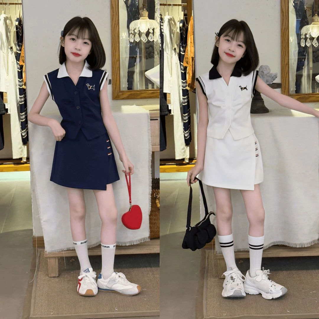 女童无袖半身裙套装2025夏季新款背心裙裤jk学院风运动休闲polo衫