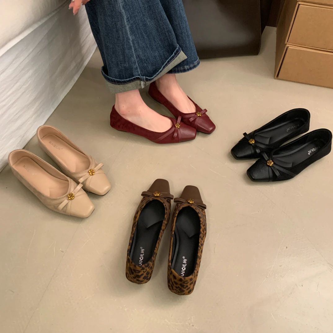 N 爆款春夏复古风方头山茶花蝴蝶结低跟粗跟浅口单鞋女鞋