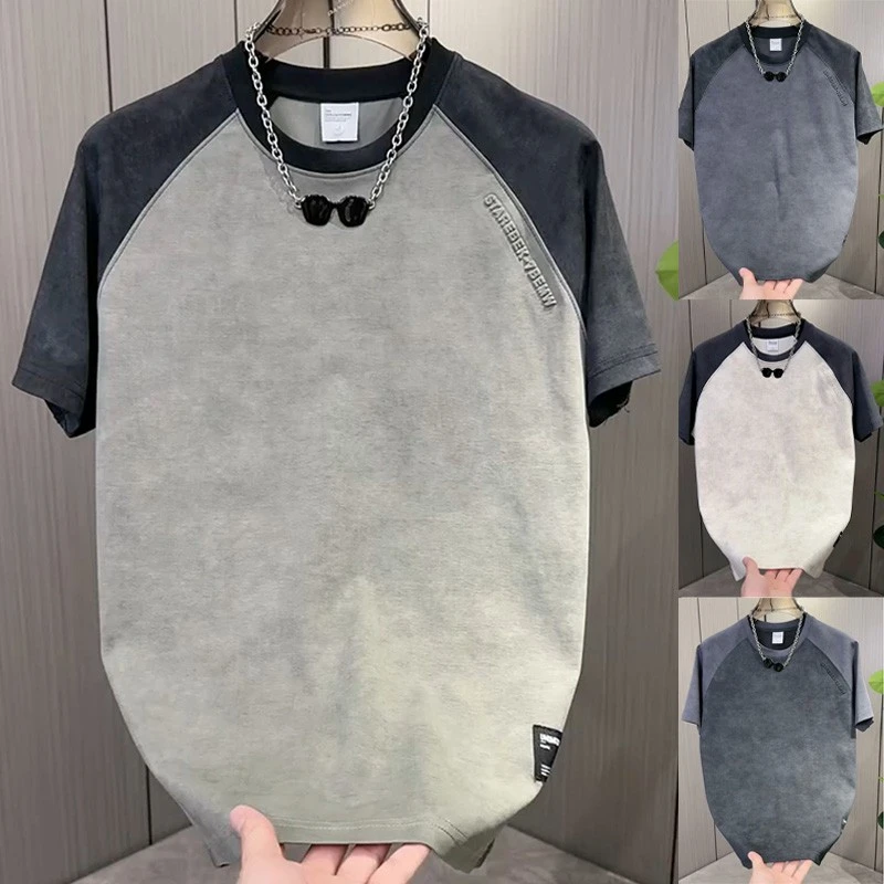 2025夏季男休闲晕染插肩字母刺绣拼接短袖韩版撞色潮流半袖T恤衫