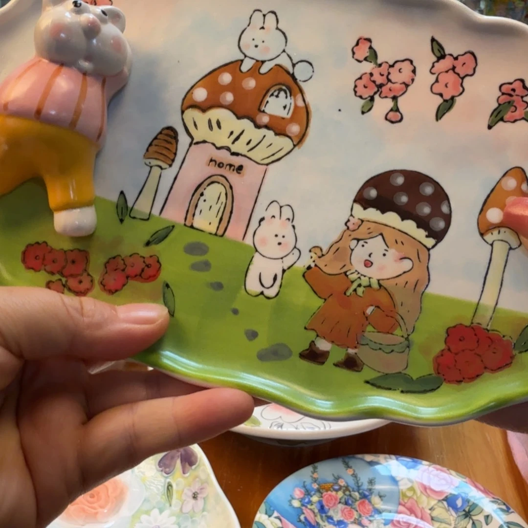 陶瓷手作浮雕蘑菇屋小兔早餐盘1只