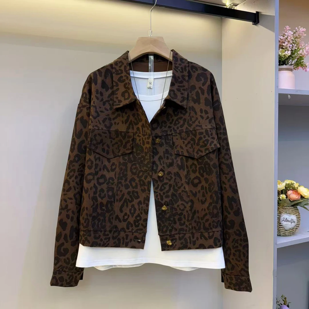 2025大码女装欧货秋季新款高级感时尚洋气翻领豹纹外套