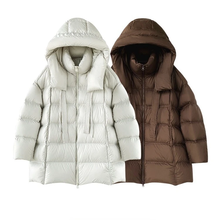 羽绒服女中长款冬天2025新款今年流行爆款泡芙白鸭绒连帽保暖外套