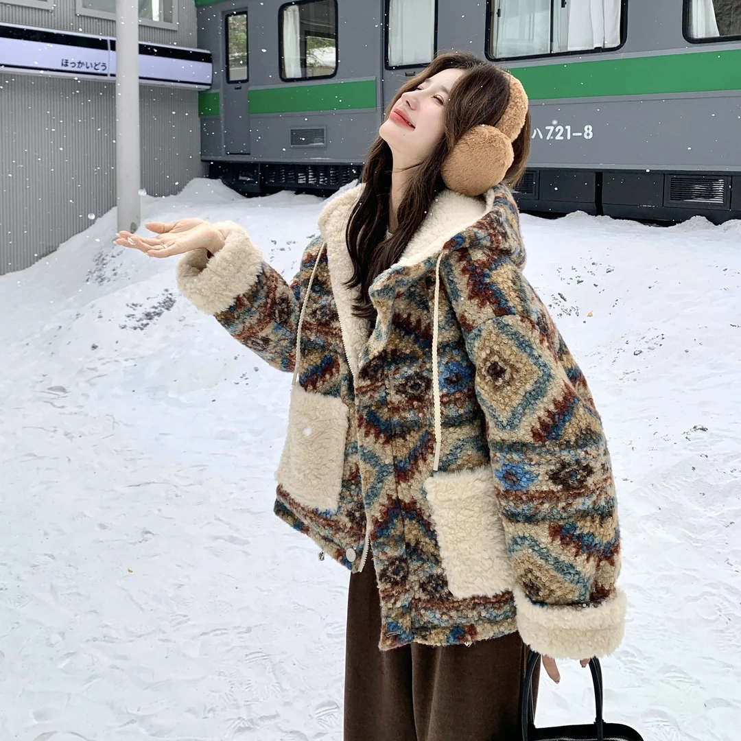 两面穿复古费尔岛印花羊羔毛外套女2025冬季新款氛围感超好看上衣