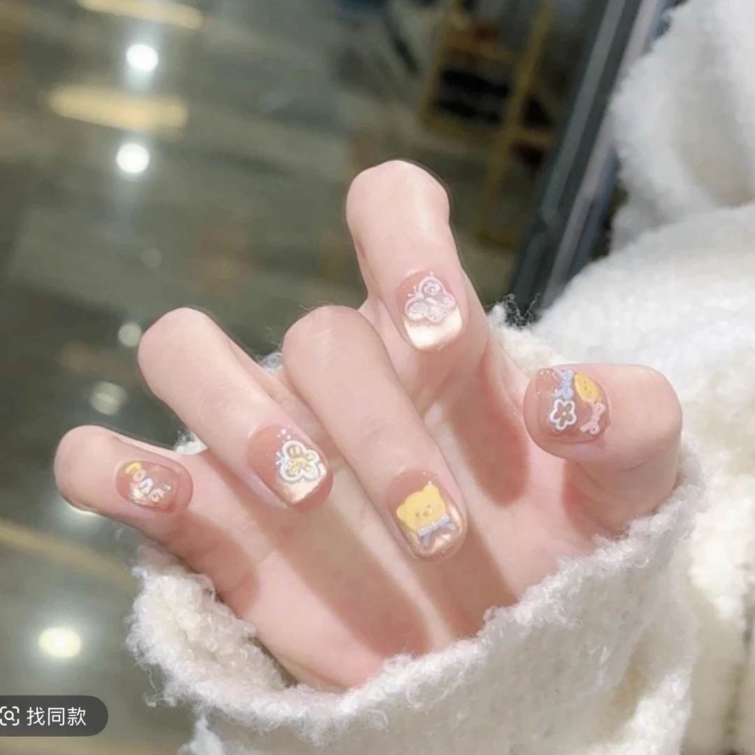 【黄油小熊】十七玻璃珠猫眼手绘小熊蝴蝶结可爱童趣风爆款穿戴甲