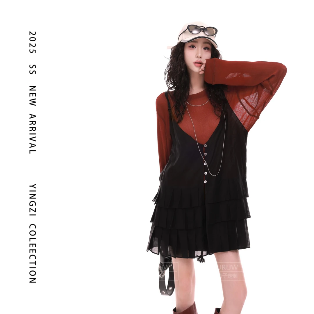 颖子定制【雾色妖姬】荷叶边拼接V领吊带微透叠穿设计感背心裙 9708