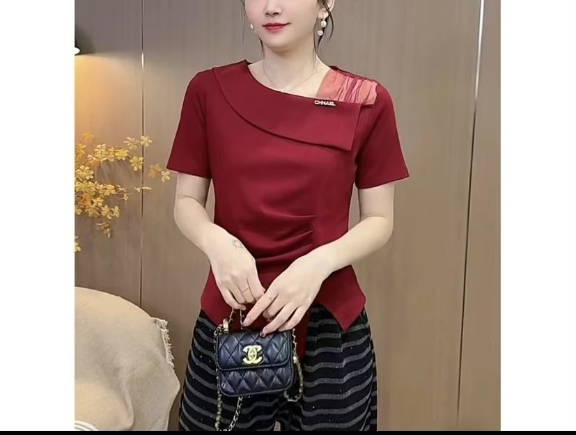 新款法式不规则领洋气百搭T恤设计感时尚短袖显瘦女士修身上衣032
