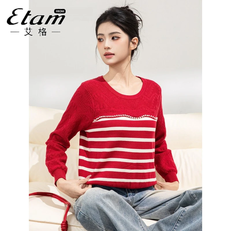 艾格Etam条纹秋冬短款小香风打底韩版套头长袖显瘦圆领针织衫女
