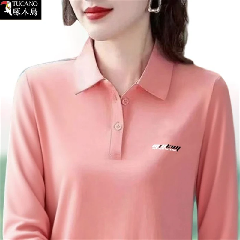 啄木鸟春秋薄款长袖翻领T恤休闲显瘦妈妈装新款简约印花时尚上衣