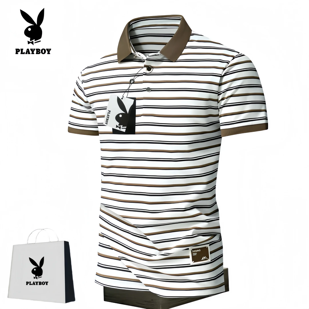 花花公子夏季条纹翻领轻奢polo衫男士高级感短袖修身休闲百搭t恤