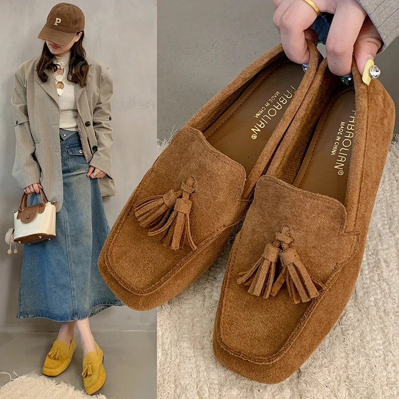 2025新款磨砂乐福鞋女休闲一脚蹬平底豆豆鞋英伦风小皮鞋子百搭