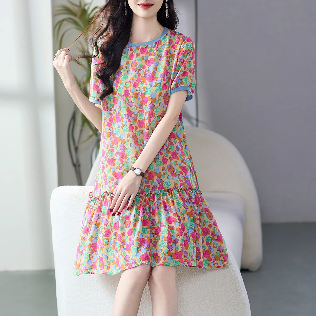 69517 小个子真丝碎花小众连衣裙夏季新款女高端桑蚕丝遮肚子显瘦