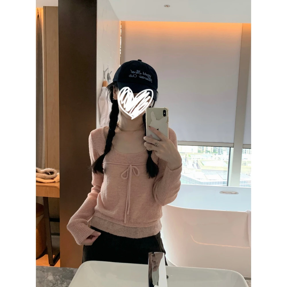 设计感拼接温柔蝴蝶结系带针织衫上衣秋冬 22577#