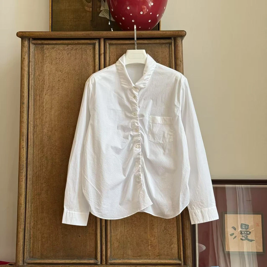 MYL 2025夏季新款纯棉褶皱衬衫长袖翻领纯色休闲百搭单排扣衬衫