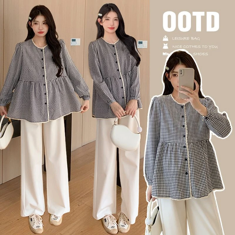 孕妇新款显瘦长袖时尚休闲宽松韩版遮肚花边领格子衬衫小个子上衣