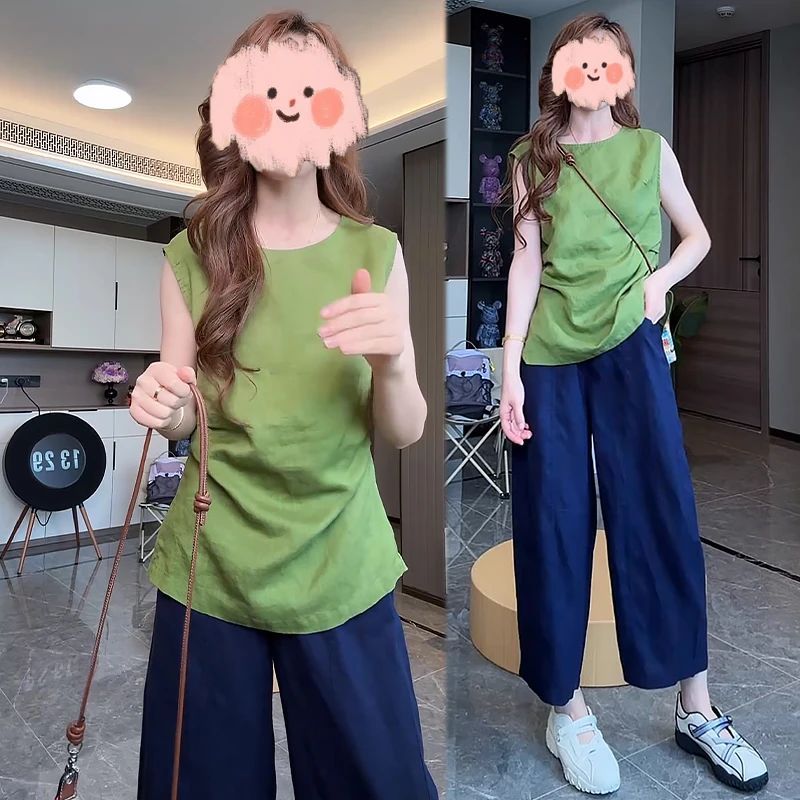 收腰显瘦设计感休闲气质无袖上衣女纯色休闲裤两件套2025夏季新款