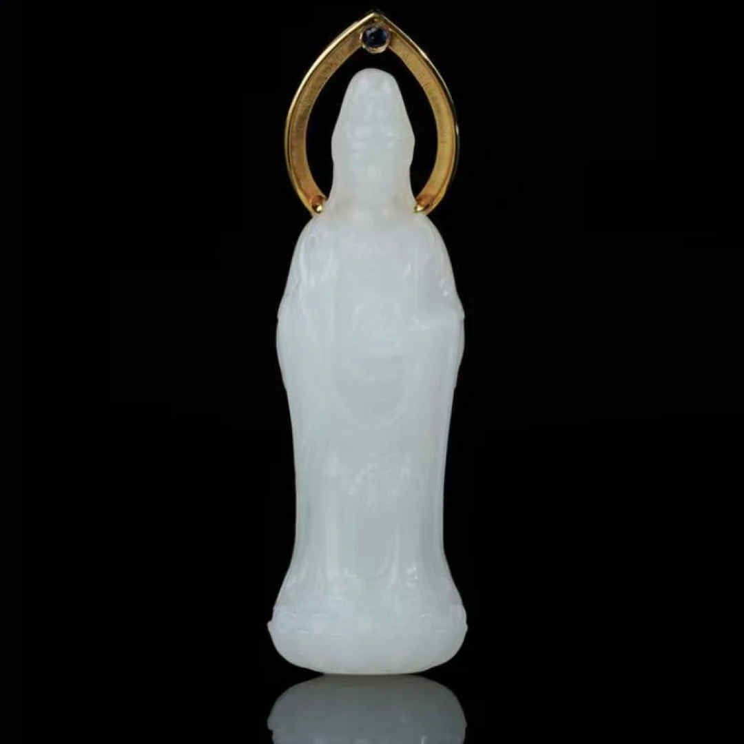 【慧子】 慈佑18k金和田玉白玉苏工观音吊坠 不含链 48*15*10mmLM09