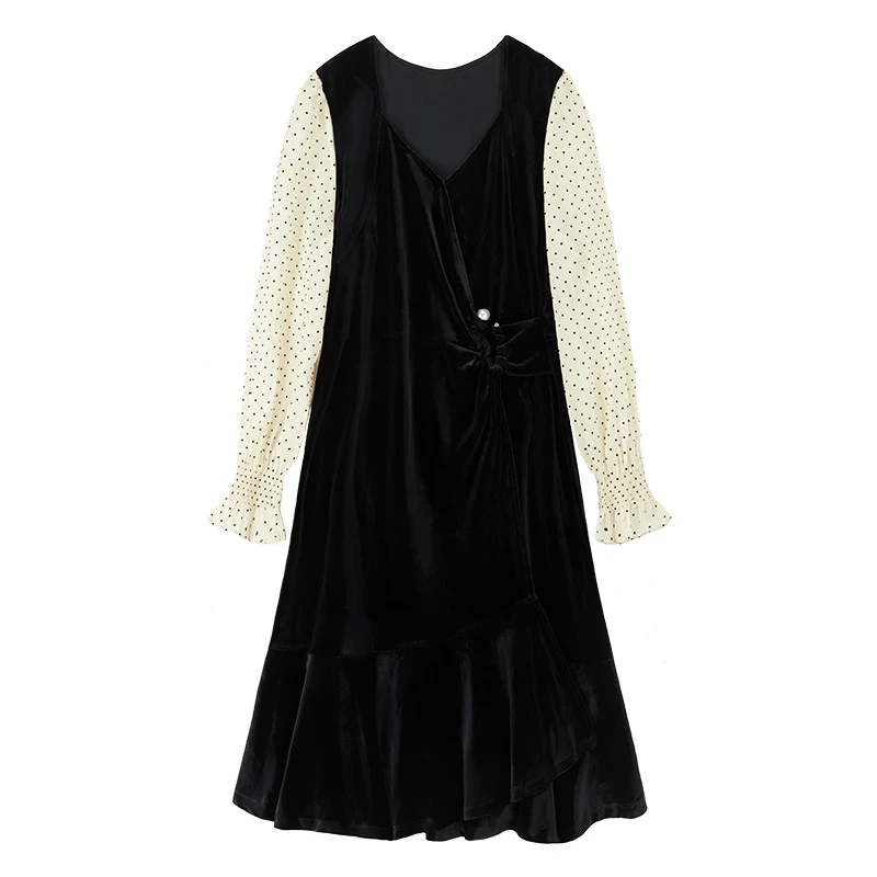 【许半夏推荐】拼接波点高级感晚会小黑裙S1246