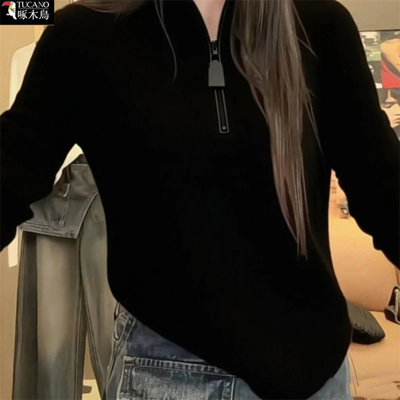 啄木鸟正品半拉链立领纯色长袖卫衣2025年秋冬百搭小众显瘦上衣女