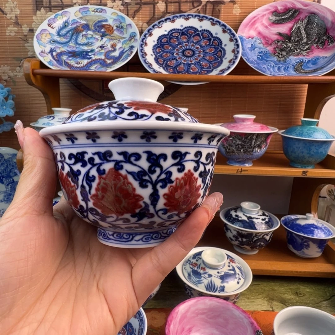 Z***n景德镇手工手绘青花釉里红盖碗