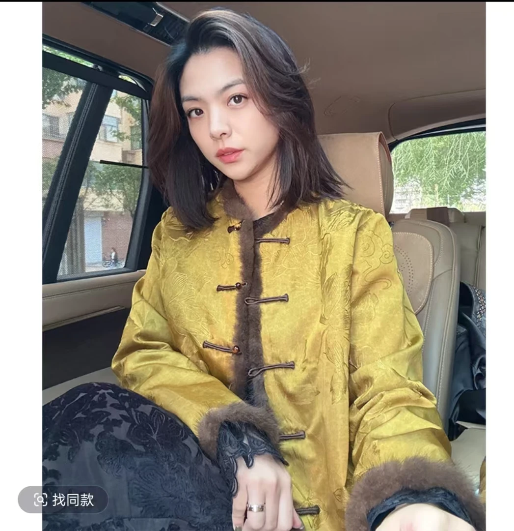 2025秋冬季新中式提花拼接咖色毛毛边加棉国风盘扣外套薄棉上衣女