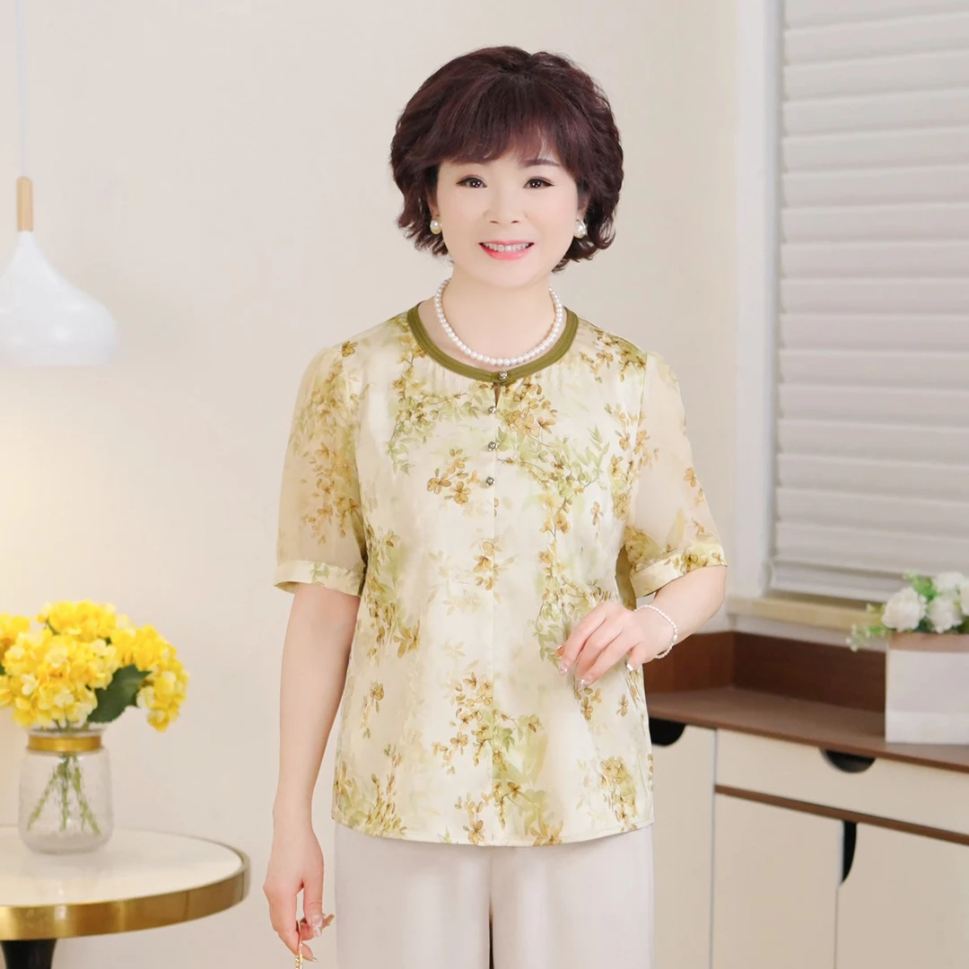 中年妈妈装夏季2025新款洋气短袖中老年圆领印花大码衬衣套装
