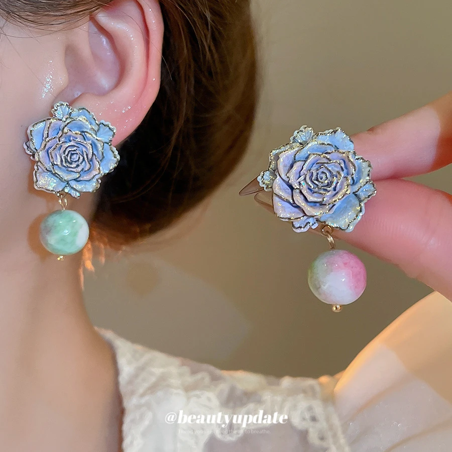 钛钢玻璃耳饰 银针花朵玻璃珠耳钉法式复古轻奢小众优雅耳环百搭