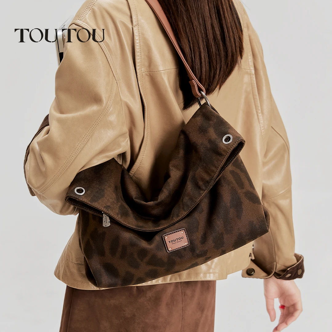 toutou秋冬豹纹叠叠包大容量托特包通勤百搭慵懒腋下帆布斜挎包女