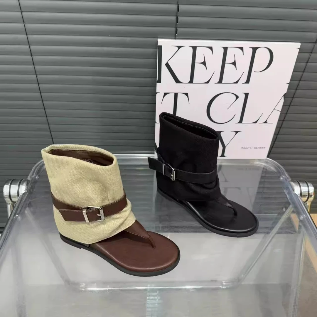 “人字凉靴”ins风皮带扣露趾人字靴子内增高短靴裤管靴时尚凉靴