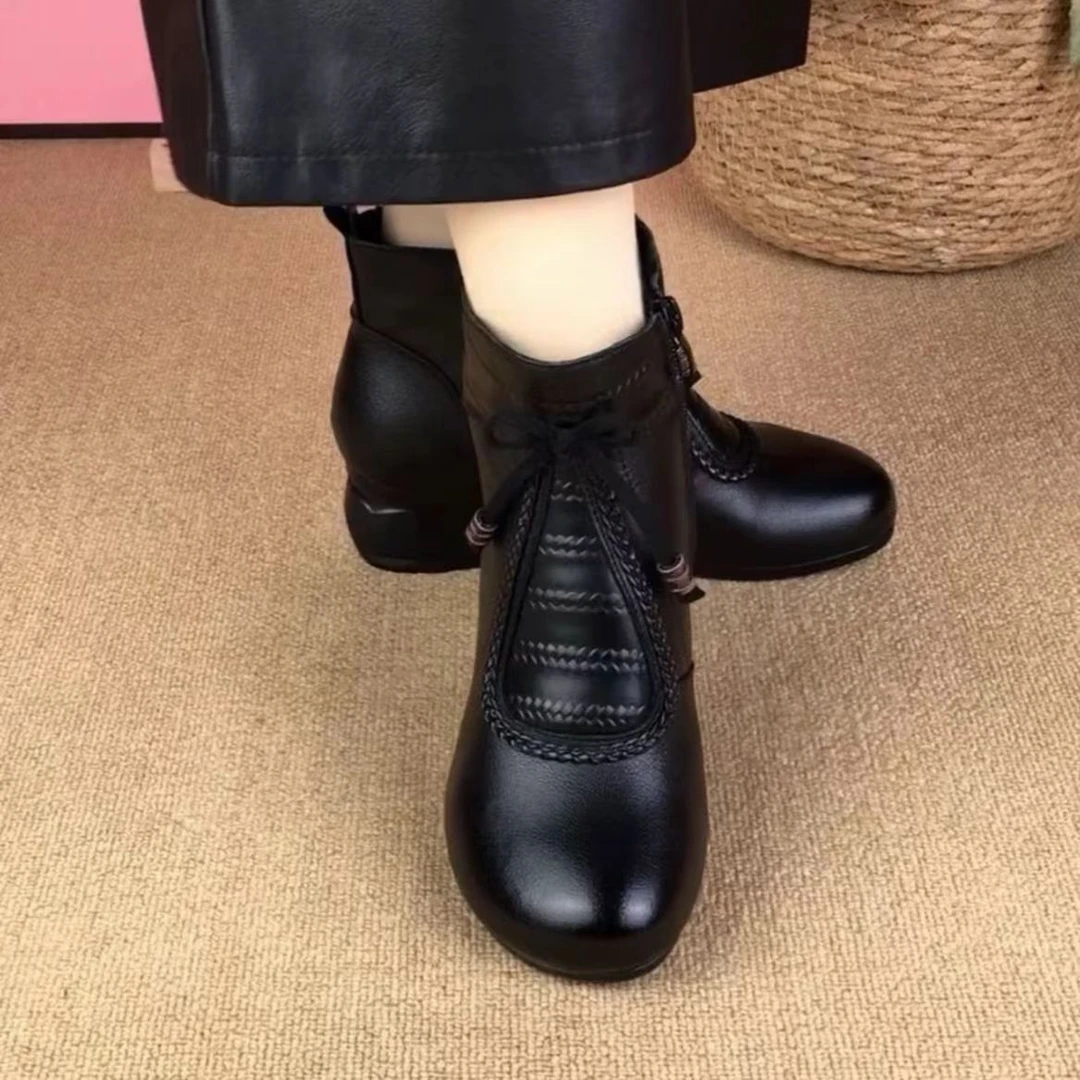 【专柜女鞋】真皮圆头马丁女靴秋冬加绒保暖短靴粗跟厚底时尚单靴