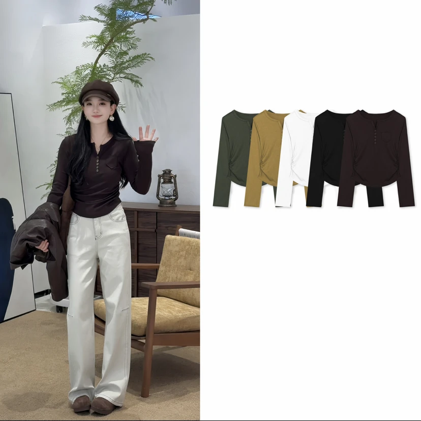 v领长袖t恤女修身内搭不规则弧形下摆纯欲打底衫上衣