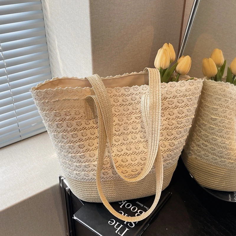 夏季草编包包女2025新款海边度假蕾丝镂空包大容量单肩通勤托特包