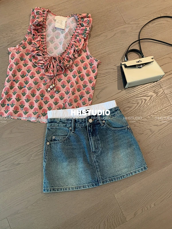 纯欲拼接牛仔半身裙250715