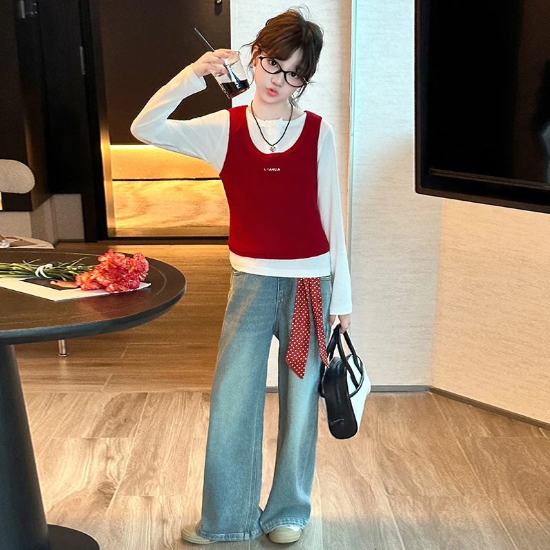 女童套装春秋款2025新款女大童韩系上衣儿童miu系穿搭秋装三件套